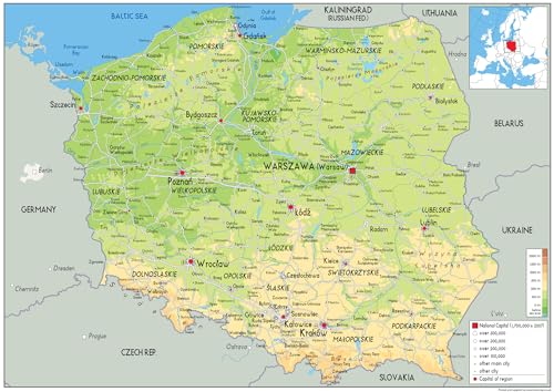 Physische Karte von Polen, laminiertes Papier [GA] A1 Size 59.4 x 84.1 cm von Tiger Moon