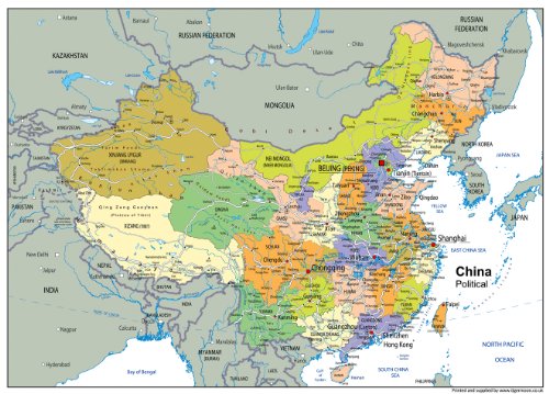 Politische Karte von China – Papier laminiert – A1 Größe 59,4 x 84,1 cm von Tiger Moon