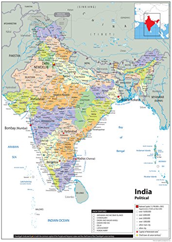 Politische Karte von Indien – Papier, laminiert [GA] A1 Size 59.4 x 84.1 cm von Tiger Moon