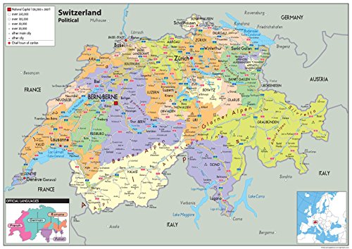 Schweiz Politische Karte – Papier laminiert A1 Size 59.4 x 84.1 cm von Tiger Moon