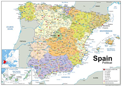 Spanien Politische Karte – Papier laminiert – A1 Größe 59,4 x 84,1 cm von Tiger Moon