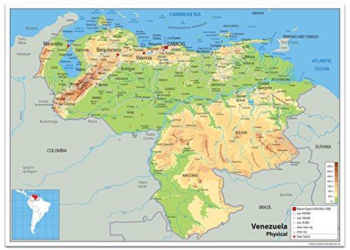 Venezuela Physikalische Karte – Papier laminiert [GA] A1 Size 59.4 x 84.1 cm farblos von Tiger Moon