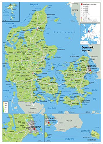 Wandkarte, physische Karte von Dänemark, laminiertes Papier [GA] A1 Size 59.4 x 84.1 cm von Tiger Moon