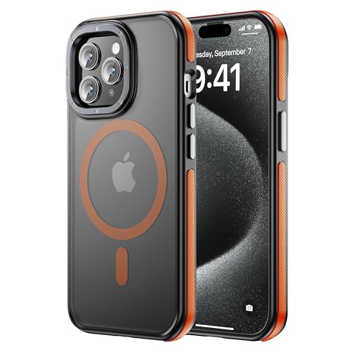 Tigowos Schutzhülle für iPhone 15 Pro Max, passend für MagSafe 3 m, sturzfest, matte Haut, Stoßschutz, Orange von Tigowos