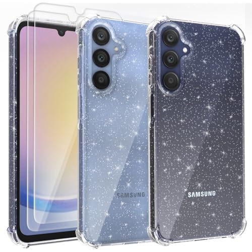 Tikgue 3 in 1 Hülle für Samsung Galaxy A25 5G，Handyhülle mit 2 Stück Schutzfolie Glitzer Transparent Silikon Stoßfeste Schutzhülle Slim Weich TPU Case Kompatibel mit Samsung Galaxy A25 5G von Tikgue