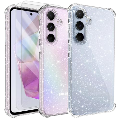 Tikgue 3 in 1 Hülle für Samsung Galaxy A35 5G，Handyhülle mit 2 Stück Schutzfolie Glitzer Transparent Silikon Stoßfeste Schutzhülle Slim Weich TPU Case Kompatibel mit Samsung Galaxy A35 5G von Tikgue