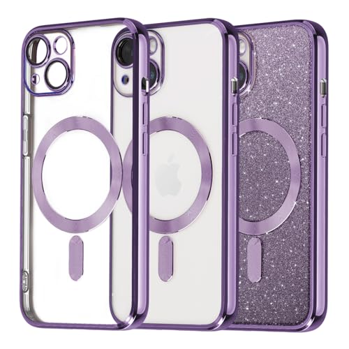 Tikgue Handyhülle für iPhone 15 Hülle Magnetisch,[Kompatibel mit Magsafe][Glitzer Karte] Transparent TPU Silikon Schutzhülle Stoßfest Kameraschutz Clear Case für iPhone 15 - Viola von Tikgue