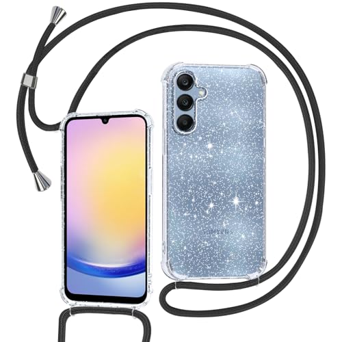 Tikgue Handykette für Samsung Galaxy A25 5G Hülle mit Band, Handyhülle mit Kordel zum Umhängen Schutzhülle mit Kette Glitzer Transparent Weich TPU Silikon Bumper - Schwarz von Tikgue