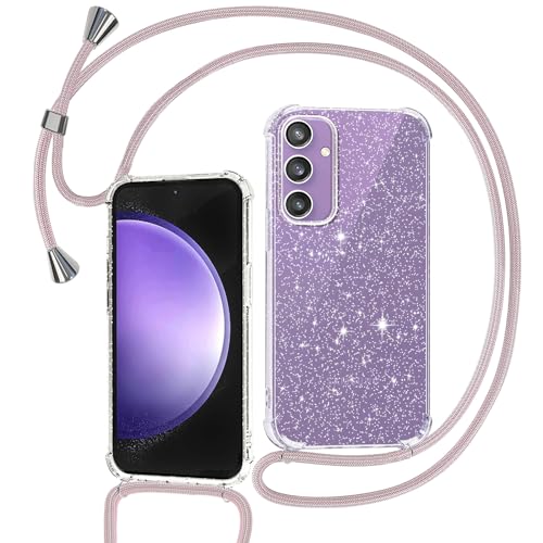 Tikgue Handykette für Samsung Galaxy S23 FE 5G Hülle mit Band, Handyhülle mit Kordel zum Umhängen Schutzhülle mit Kette Glitzer Transparent Weich TPU Silikon Bumper - Roségold von Tikgue