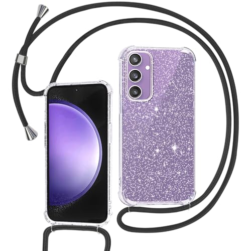 Tikgue Handykette für Samsung Galaxy S23 FE 5G Hülle mit Band, Handyhülle mit Kordel zum Umhängen Schutzhülle mit Kette Glitzer Transparent Weich TPU Silikon Bumper - Schwarz von Tikgue