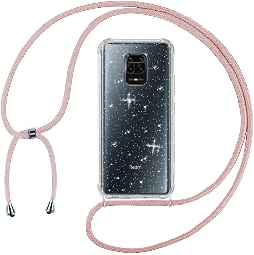 Tikgue Handykette für Xiaomi Redmi Note 9S/Redmi Note 9 Pro Hülle mit Band, Handyhülle mit Kordel zum Umhängen Schutzhülle mit Kette Glitzer Transparent Weich TPU Silikon Bumper - Roségold von Tikgue