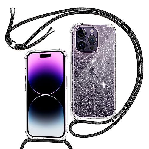 Tikgue Handykette für iPhone 14 Pro Max Hülle mit Band, Handyhülle mit Kordel zum Umhängen Schutzhülle mit Kette Glitzer Transparent Weich TPU Silikon Bumper - Schwarz von Tikgue