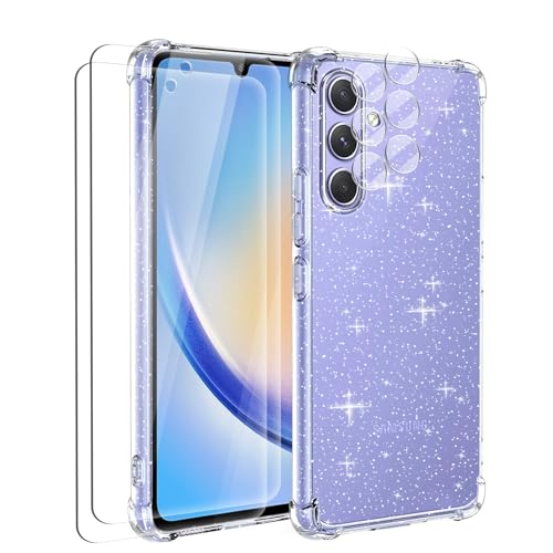 Tikgue Hülle für Samsung Galaxy A34 5G Hülle mit 2 Stück Display Schutzfolie und 2 Stück Kamera Folie, 360 Grad Handyhülle Glitzer Transparent Silikon Schutzhülle Slim Weich TPU Case von Tikgue