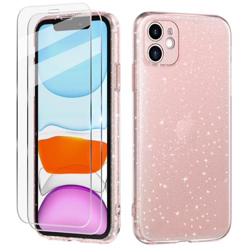 Tikgue Hülle für iPhone 11 mit 2 Stück Schutzfolie，Handyhülle Glitzer Transparent Silikon Stoßfeste Schutzhülle Slim Weich TPU Case Kompatibel mit iPhone 11 - Rosa von Tikgue