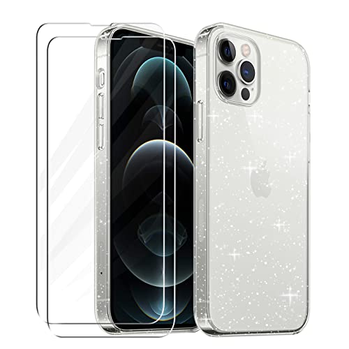 Tikgue Hülle für iPhone 12 Pro Max mit 2 Stück Schutzfolie，360 Grad Handyhülle Glitzer Transparent Silikon Stoßfeste Schutzhülle Slim Weich TPU Case Kompatibel mit iPhone 12 Pro Max von Tikgue