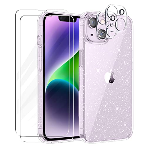 Tikgue Hülle für iPhone 14 Hülle mit 2 Stück Display Schutzfolie und 2 Stück Kamera Folie, 360 Grad Handyhülle Glitzer Transparent Silikon Schutzhülle Slim Weich TPU Case - Clear von Tikgue