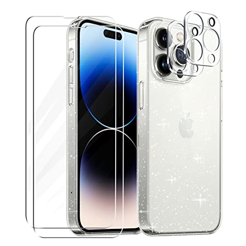 Tikgue Hülle für iPhone 14 Pro Hülle mit 2 Stück Display Schutzfolie und 2 Stück Kamera Folie, 360 Grad Handyhülle Glitzer Transparent Silikon Schutzhülle Slim Weich TPU Case von Tikgue