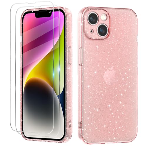 Tikgue Hülle für iPhone 14 mit 2 Stück Schutzfolie，Handyhülle Glitzer Transparent Silikon Stoßfeste Schutzhülle Slim Weich TPU Case Kompatibel mit iPhone 14 - Rosa von Tikgue