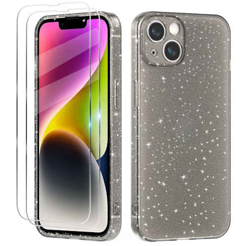 Tikgue Hülle für iPhone 14 mit 2 Stück Schutzfolie，Handyhülle Glitzer Transparent Silikon Stoßfeste Schutzhülle Slim Weich TPU Case Kompatibel mit iPhone 14 - Schwarz von Tikgue