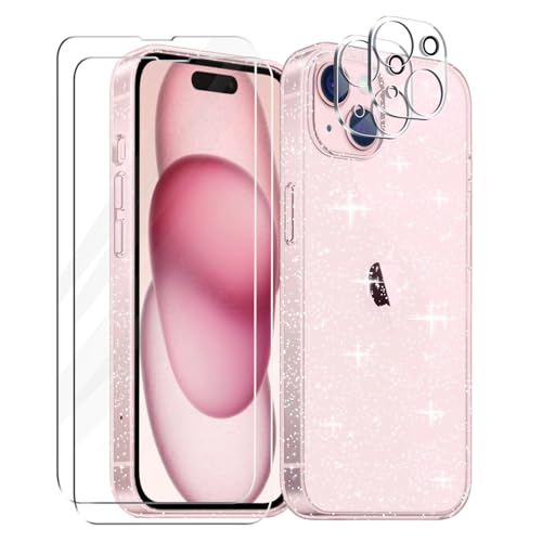 Tikgue Hülle für iPhone 15 Hülle mit 2 Stück Display Schutzfolie und 2 Stück Kamera Folie, 360 Grad Handyhülle Glitzer Transparent Silikon Schutzhülle Slim Weich TPU Case - Clear von Tikgue