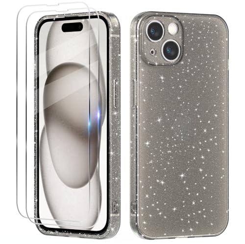 Tikgue Hülle für iPhone 15 Plus mit 2 Stück Schutzfolie，Handyhülle Glitzer Transparent Silikon Stoßfeste Schutzhülle Slim Weich TPU Case Kompatibel mit iPhone 15 Plus - Schwarz von Tikgue