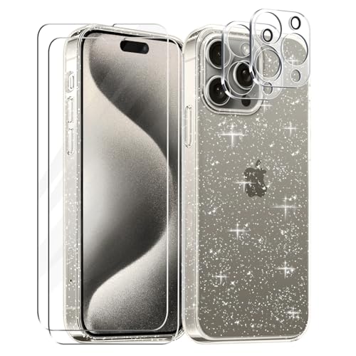 Tikgue Hülle für iPhone 15 Pro Hülle mit 2 Stück Display Schutzfolie und 2 Stück Kamera Folie, 360 Grad Handyhülle Glitzer Transparent Silikon Schutzhülle Slim Weich TPU Case von Tikgue