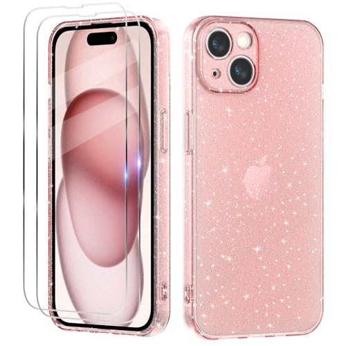 Tikgue Hülle für iPhone 15 mit 2 Stück Schutzfolie，Handyhülle Glitzer Transparent Silikon Stoßfeste Schutzhülle Slim Weich TPU Case Kompatibel mit iPhone 15 - Rosa von Tikgue