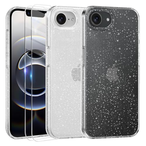 Tikgue Hülle für iPhone 16e mit 2 Stück Schutzfolie，Handyhülle Glitzer Transparent Silikon Stoßfeste Schutzhülle Slim Weich TPU Case Kompatibel mit iPhone 16e - Transparent von Tikgue