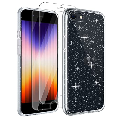 Tikgue Hülle für iPhone SE 2022 / iPhone 2020，iPhone 8 / iPhone 7 mit 2 Stück Schutzfolie，360 Grad Handyhülle Glitzer Transparent Silikon Stoßfeste Schutzhülle Slim Weich TPU Case von Tikgue