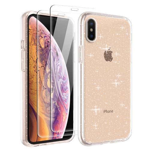 Tikgue Hülle für iPhone X/iPhone XS mit 2 Stück Schutzfolie，Handyhülle Glitzer Transparent Silikon Stoßfeste Schutzhülle Slim Weich TPU Case Kompatibel mit iPhone X/iPhone XS von Tikgue