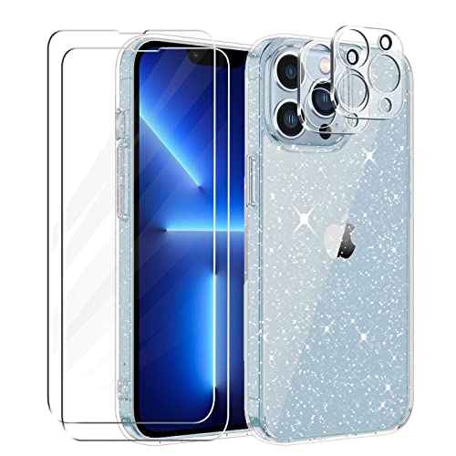 Tikgue Kompatibel mit iPhone 13 Pro Max Hülle mit 2 Stück Display Schutzfolie und 2 Stück Kamera Folie, 360 Grad Handyhülle Glitzer Transparent Silikon Schutzhülle Slim Weich TPU Case von Tikgue