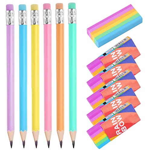 Radiergummi und Bleistifte Set, Tikplus 12 Stück Schulset Bleistift Radiergummi, Regenbogen Radierer und Dreikant Bleistift 2B für Kinder Schule Büro, Schreiben Skizzieren von Tikplus