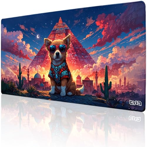 Tilt Schreibtischunterlage 100x50 cm Gaming Mauspad XXL | Rutschfester Mousepad Groß für Schreibtisch und PC Gadgets | Wasserdichter Desk Mat (Corgi and the Pyramid) von Tilt