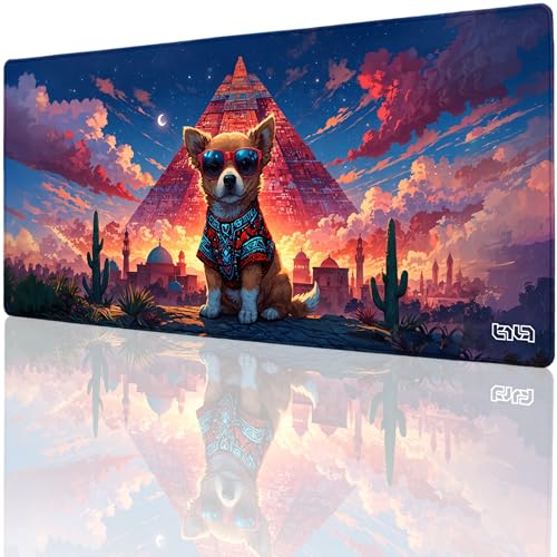 Tilt Schreibtischunterlage 90x40 cm Gaming Mauspad XXL | Rutschfester Mousepad Groß für Schreibtisch und PC Gadgets | Wasserdichter Desk Mat (Corgi and the Pyramid) von Tilt