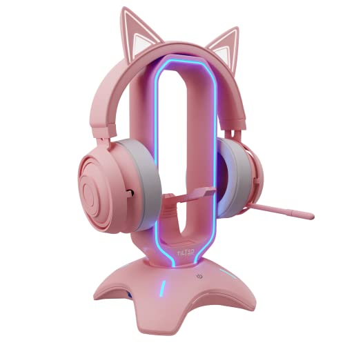 Tilted Nation RGB Gaming Headset Stand 3 in 1 rosa Kopfhörer Ständer mit Maus Bungee und 2 Port USB Hub Ladegerät Das ultimative Gaming Zubehör und Gamer Geschenk RGB Kopfhörerhalter für Schreibtisch von Tilted Nation