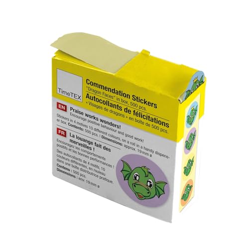 TimeTEX - Belobigungs-Aufkleber "Drachen-Gesichter" | Lehrersticker für motivierendes Feedback | 500 Sticker in praktischer Spender-Box | 1 Motiv mit verschiedenfarbigen Hintergründen | 19 mm ø von TimeTEX