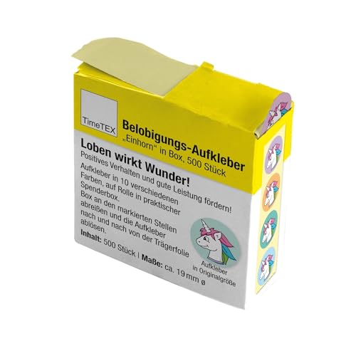 TimeTEX - Belobigungs-Aufkleber "Einhorn" | Lehrersticker für motivierendes Feedback | 500 Sticker in praktischer Spender-Box | 1 Motiv mit verschiedenfarbigen Hintergründen | 19 mm ø von TimeTEX