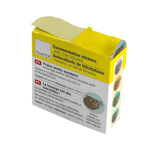 TimeTEX - Belobigungs-Aufkleber "Faultier" | Lehrersticker für motivierendes Feedback | 500 Sticker in praktischer Spender-Box | 1 Motiv mit verschiedenfarbigen Hintergründen | 19 mm ø von TimeTEX