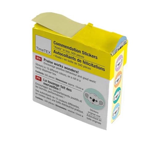 TimeTEX - Belobigungs-Aufkleber "Koala" | Lehrersticker für motivierendes Feedback | 500 Sticker in praktischer Spender-Box | 1 Motiv mit verschiedenfarbigen Hintergründen | 19 mm ø von TimeTEX