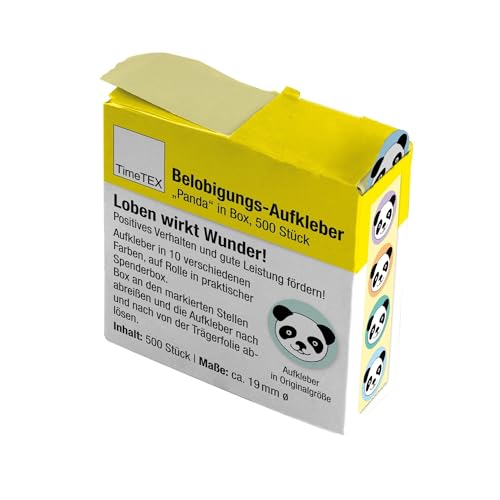 TimeTEX - Belobigungs-Aufkleber "Panda" | Lehrersticker für motivierendes Feedback | 500 Sticker in praktischer Spender-Box | 1 Motiv mit verschiedenfarbigen Hintergründen | 19 mm ø von TimeTEX