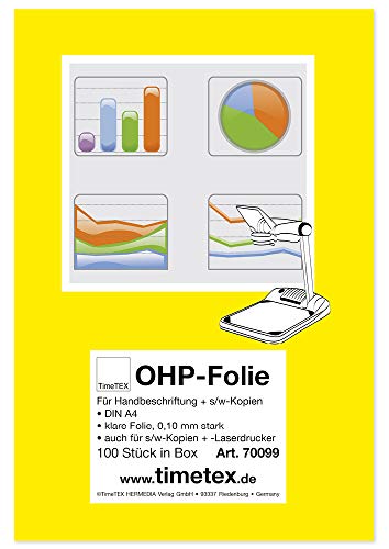 TimeTex OHP-Folie Overheadfolie DIN A4 - klare Folie 0,10 mm stark - für Handbeschriftung und schwarz/weiß-Kopien - Laserdrucker - TimeTex 70099 von TimeTEX