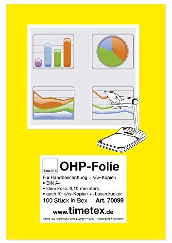 TimeTex OHP-Folie Overheadfolie DIN A4 - klare Folie 0,10 mm stark - für Handbeschriftung und schwarz/weiß-Kopien - Laserdrucker - TimeTex 70099 von TimeTEX