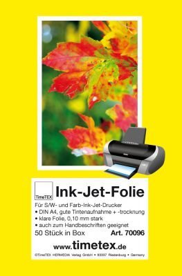 TimeTex Ink-Jet-Folie Overheadfolie DIN A4 - klare Folie 0,10 mm stark - für schwarz/weiß-Drucker - Farb-Ink-Jet-Drucker - 50 Stück in Box - TimeTex 70096 von TimeTex