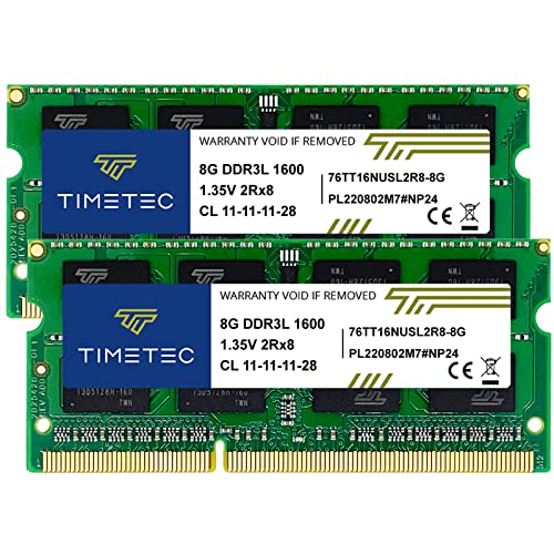 Timetec 16 GB KIT (2 x 8 GB) DDR3L/DDR3 1600 MHz (DDR3L-1600) PC3L-12800 Non-ECC ungepuffert 1,35 V/1,5 V CL11 2Rx8 Dual Rank 204 Pin SODIMM Laptop Notebook RAM von Timetec
