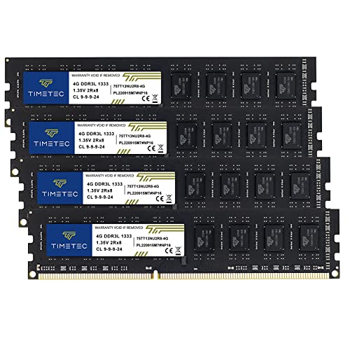 Timetec 16GB KIT (4 x 4GB) DDR3L 1333 MHz PC3-10600 Non-ECC ungepuffert 1,5 V / 1,35 V CL9 2Rx8 Low Density Dual Rank 240 Pin UDIMM Desktop-PC Computerspeicher RAM-Modul-Upgrade (16 GB KIT (4 x 4 GB)) von Timetec