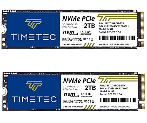 Timetec 2TBx2 (2 Stück) mit DRAM Cache SSD NVMe PCIe Gen3x4 8Gb/s M.2 2280 3D NAND TLC 1800TBW Lese-/Schreibgeschwindigkeit bis zu 3.400/3.000 MB/s Internes Solid State Drive für PC Laptop und Desktop von Timetec