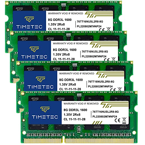 Timetec 32GB KIT(4x8GB) DDR3L / DDR3 1600 MHz (DDR3L-1600) PC3L-12800 / PC3-12800 Non-ECC Ungepuffert 1,35 V/1,5 V CL11 2Rx8 Dual Rank 204 Pin SODIMM Laptop Notebook PC Computer RAM von Timetec