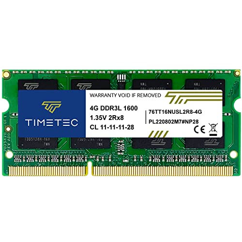 Timetec 4 GB DDR3L / DDR3 1600 MHz PC3L-12800 / PC3-12800 Nicht-ECC ungepuffert 1,35 V / 1,5 V CL11 2Rx8 Dual Rank 204 Pin SODIMM Laptop Notebook PC Arbeitsspeicher RAM Modul Upgrade (4GB) von Timetec