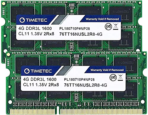 Timetec 8 GB KIT (2 x 4 GB) DDR3L / DDR3 1600 MHz PC3L-12800 / PC3-12800 Nicht-ECC ungepuffert 1,35 V / 1,5 V CL11 2Rx8 Dual Rank 204 Pin SODIMM Laptop Notebook PC Computer Speicher RAM Modul Upgrade von Timetec