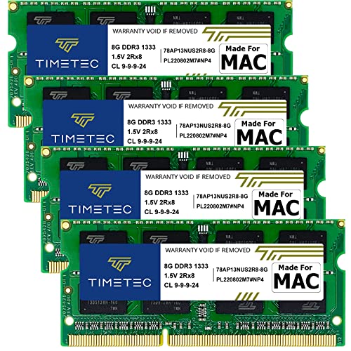 Timetec Hynix IC 32 GB Kit (4 x 8 GB), kompatibel für Apple DDR3 1333 MHz PC3-10600 iMac (Mitte 2010 27 Zoll, Mitte 2011 21,5/27 Zoll) Mac SODIMM Upgrade | MAX RAM-Upgrade 11,3 12,1 12 1 2 von Timetec